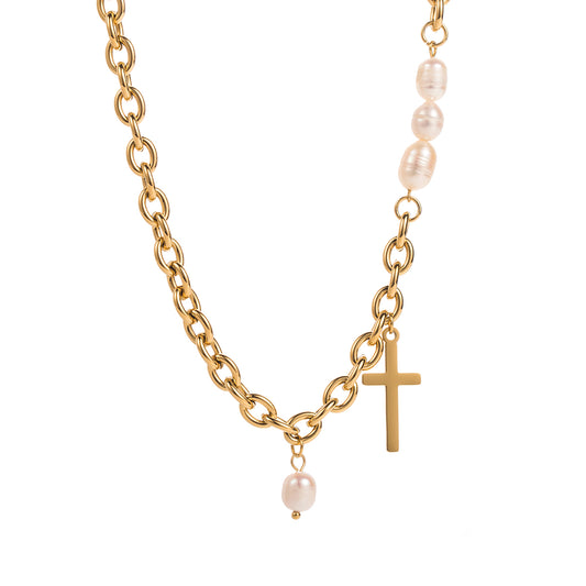 Stainless Steel Love or Cross Pendant Necklace With Pearls