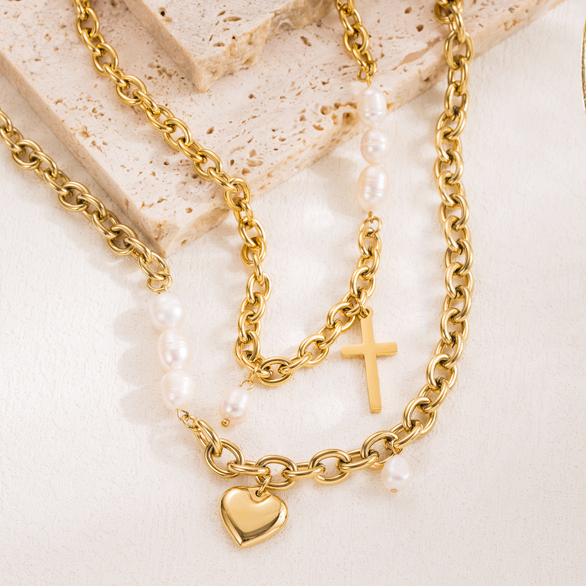 Stainless Steel Love or Cross Pendant Necklace With Pearls