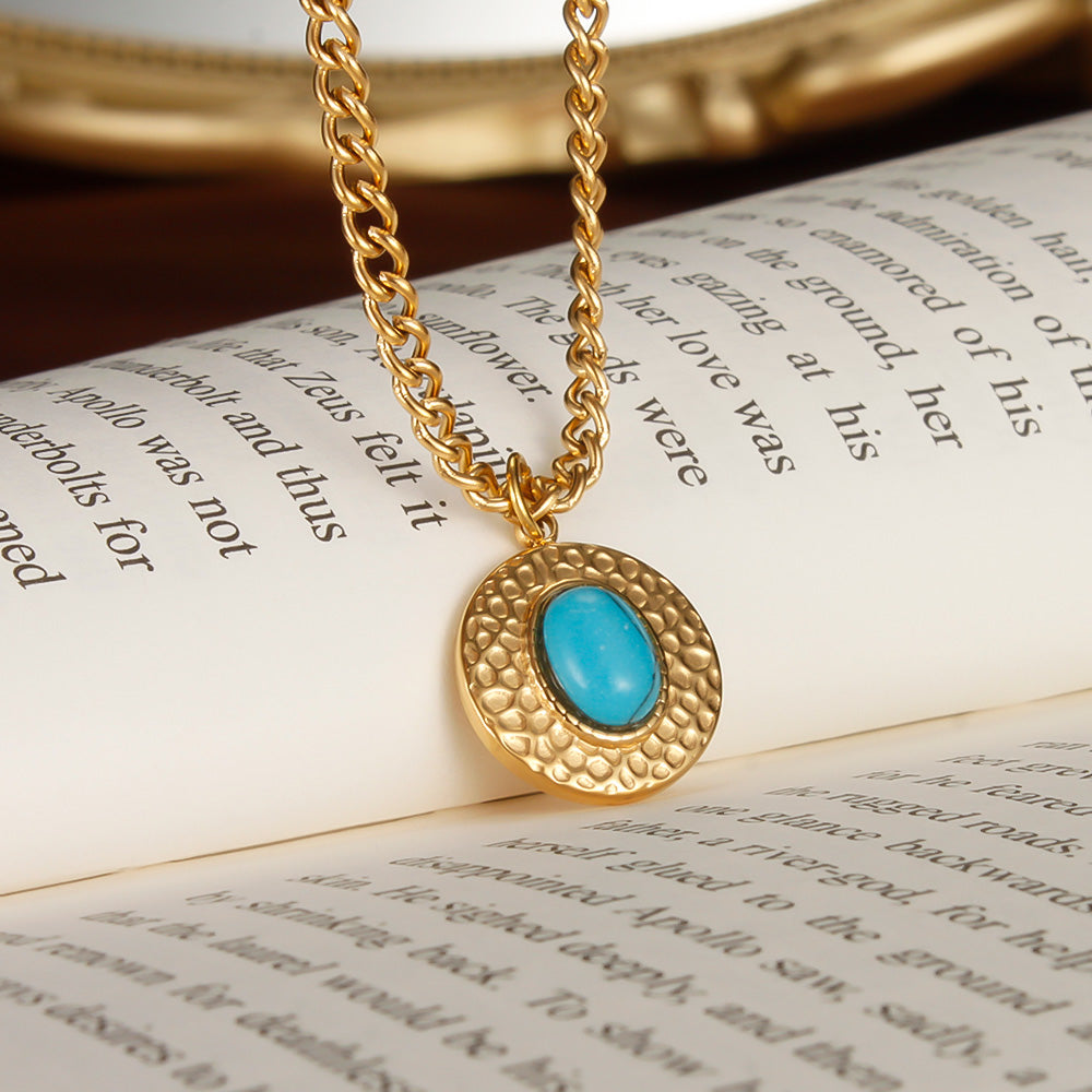 Steel Vintage Style Simple Style Inlay Round Turquoise Pendant Necklace