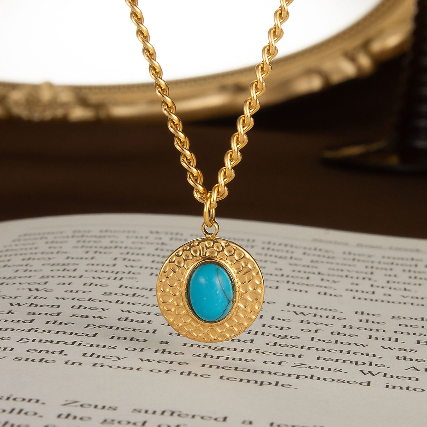 Steel Vintage Style Simple Style Inlay Round Turquoise Pendant Necklace