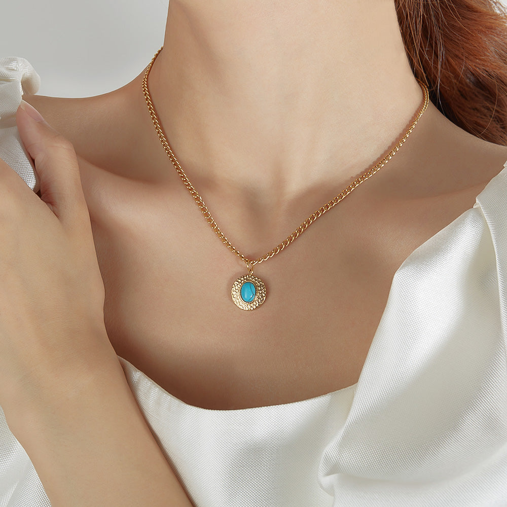 Steel Vintage Style Simple Style Inlay Round Turquoise Pendant Necklace