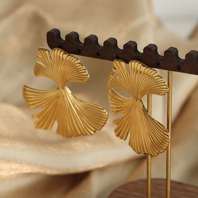 Ginkgo Leaf Titanium Steel 18k Gold Plated Ear Studs