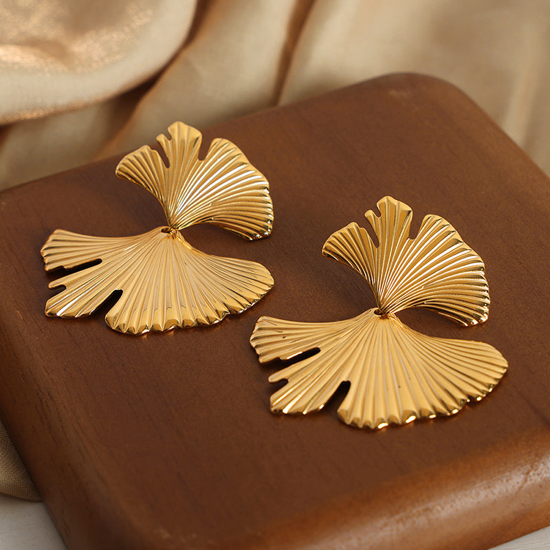 Ginkgo Leaf Titanium Steel 18k Gold Plated Ear Studs