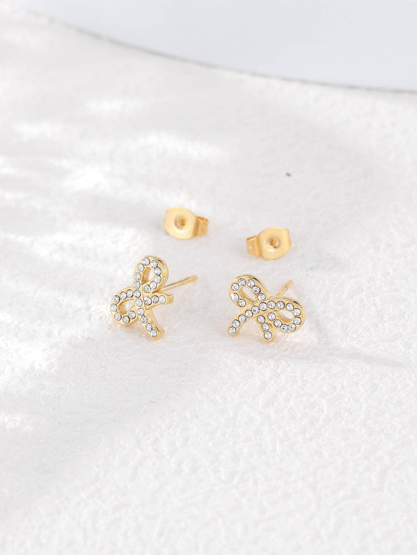 Vintage Style Bow Knot Plating Inlay Stainless Steel Zircon 18k Gold Plated Ear Studs