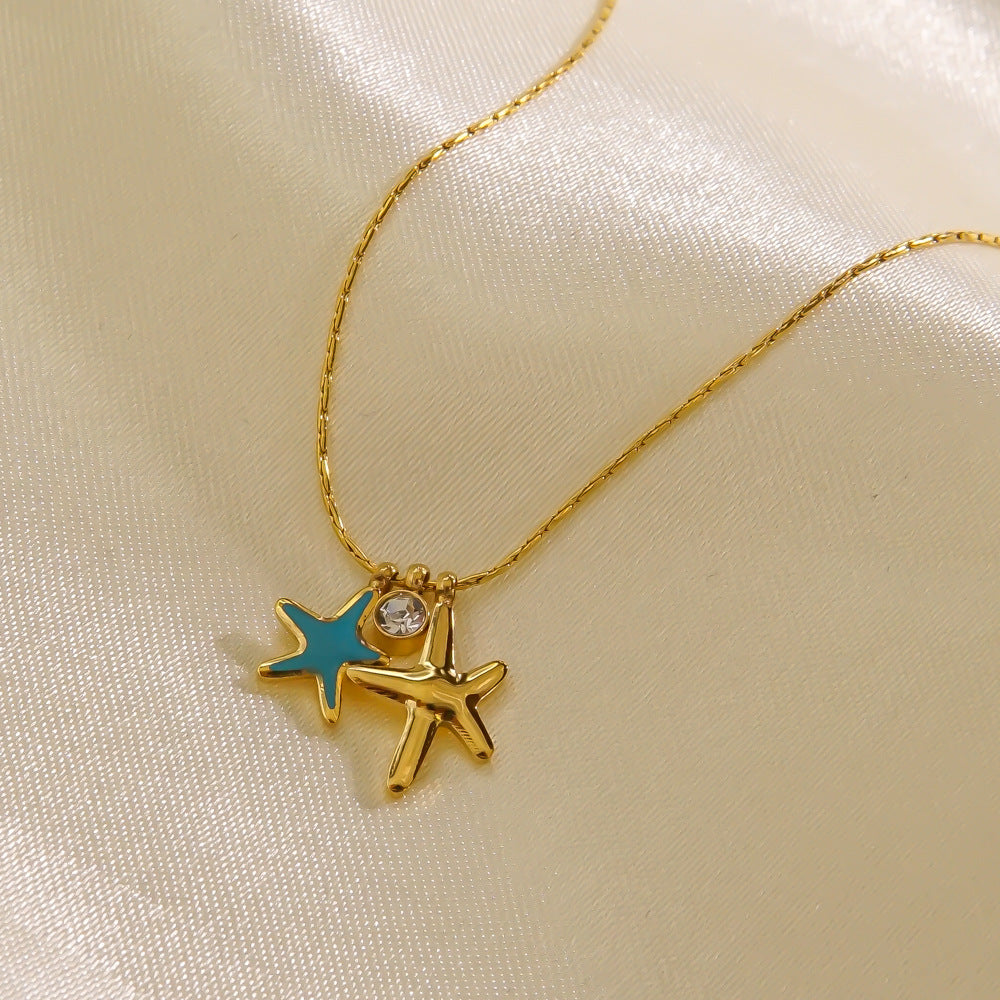 304 Stainless Steel  Starfish Zircon Pendant Necklace