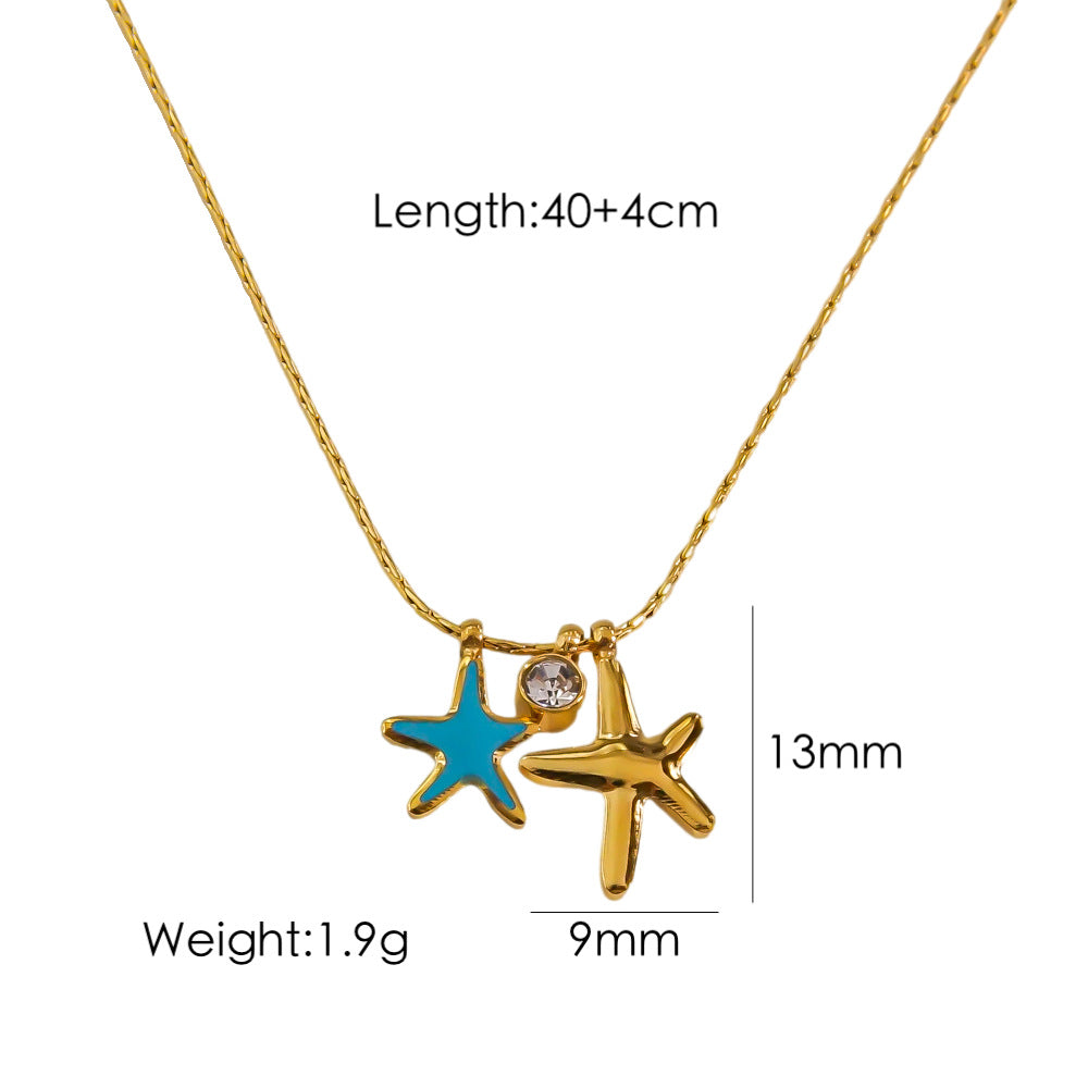 304 Stainless Steel  Starfish Zircon Pendant Necklace