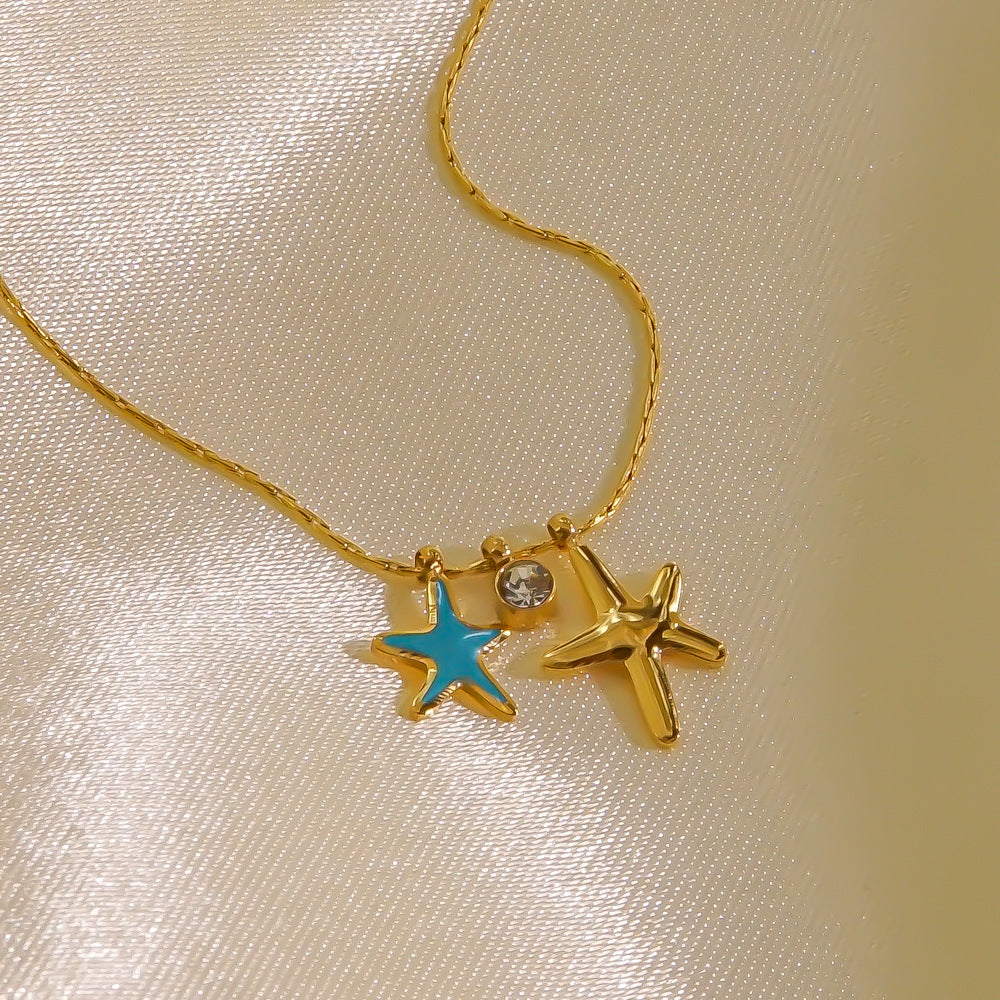 304 Stainless Steel  Starfish Zircon Pendant Necklace