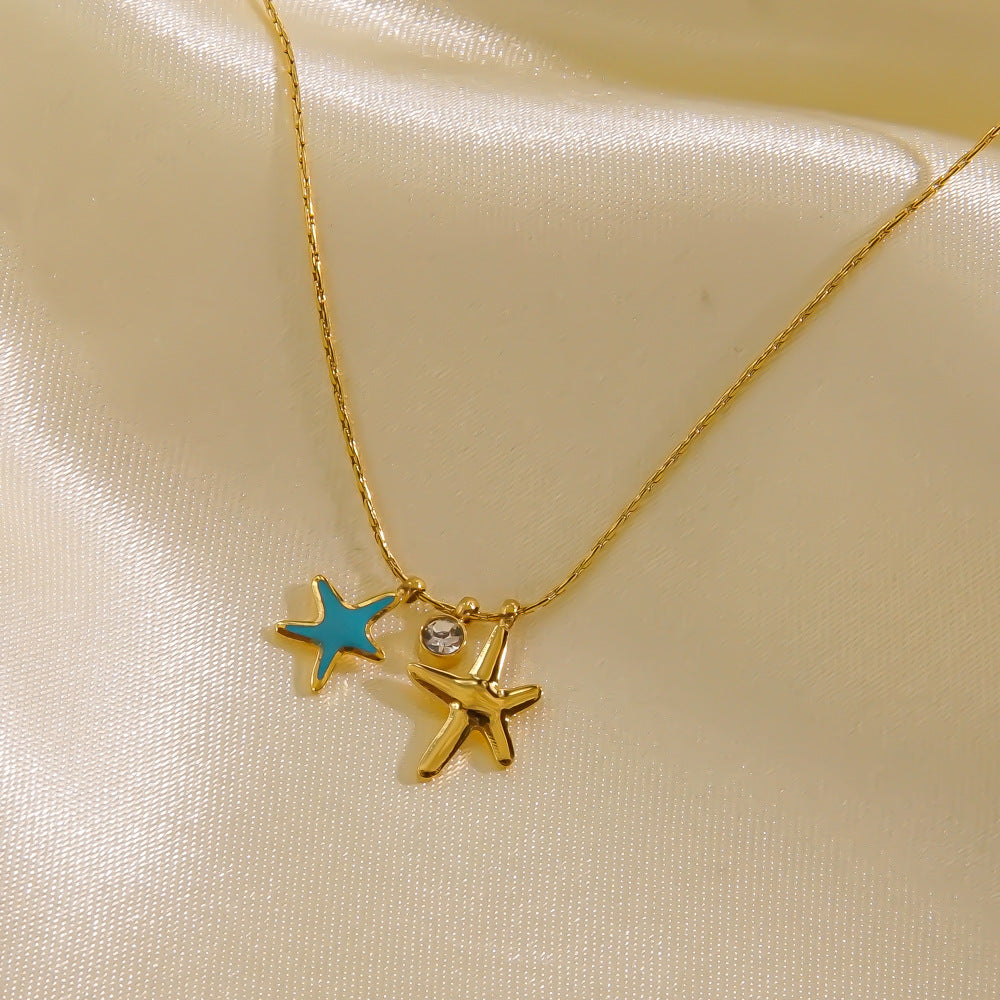 304 Stainless Steel  Starfish Zircon Pendant Necklace