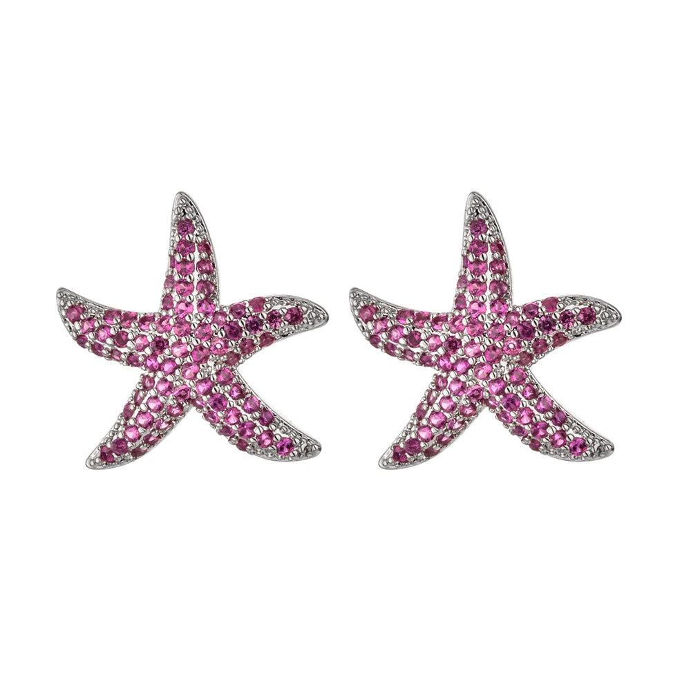 Sweet Starfish Plating Inlay Copper Zircon White Gold Plated Ear Studs