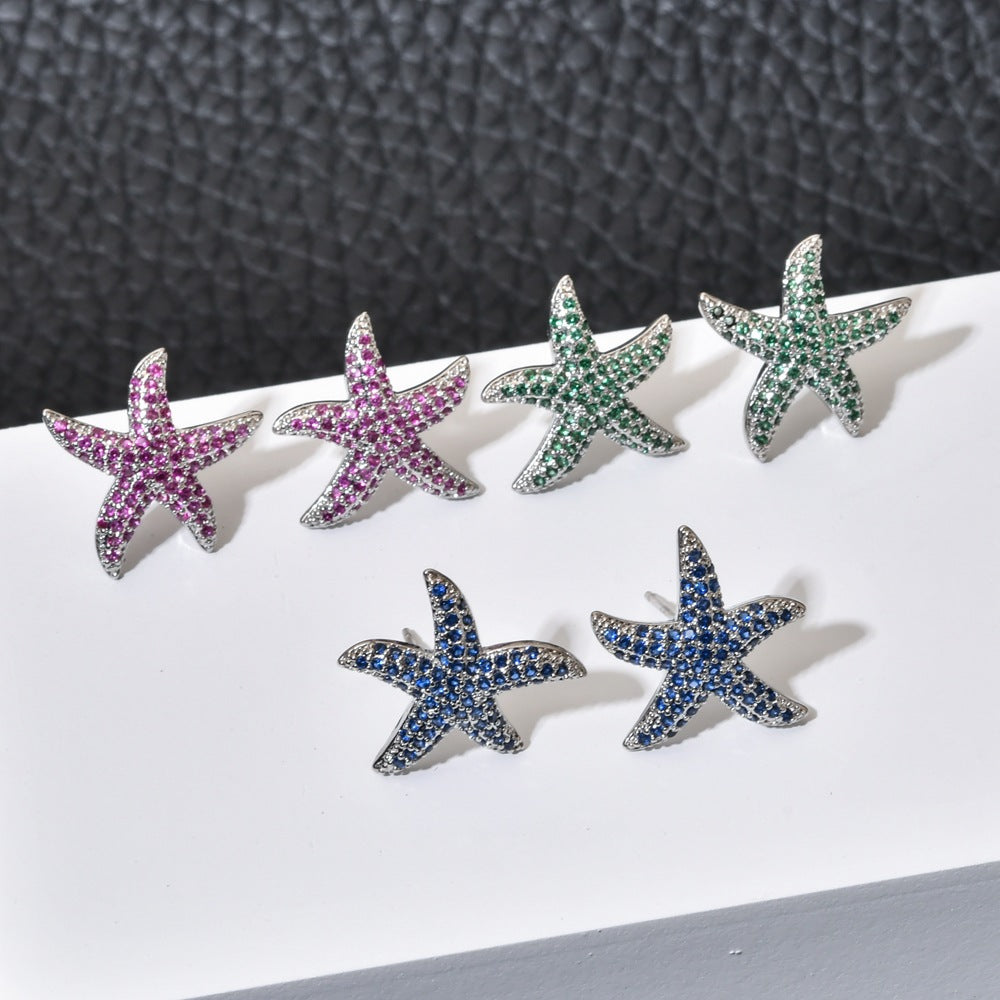 Sweet Starfish Plating Inlay Copper Zircon White Gold Plated Ear Studs