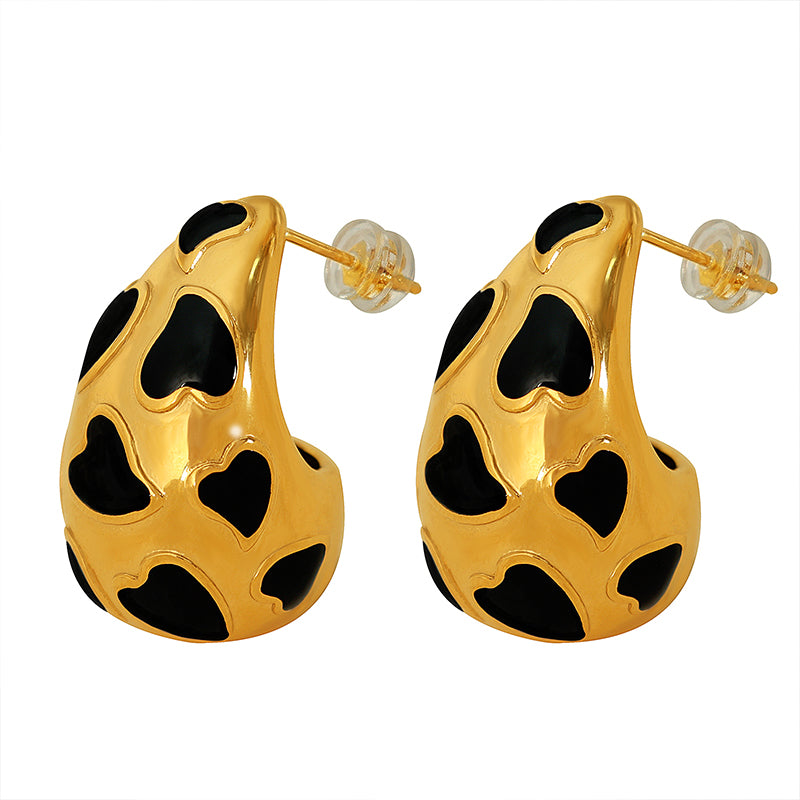 Water Droplets Heart Shape Epoxy Titanium Steel 18K Gold Plated Ear Studs