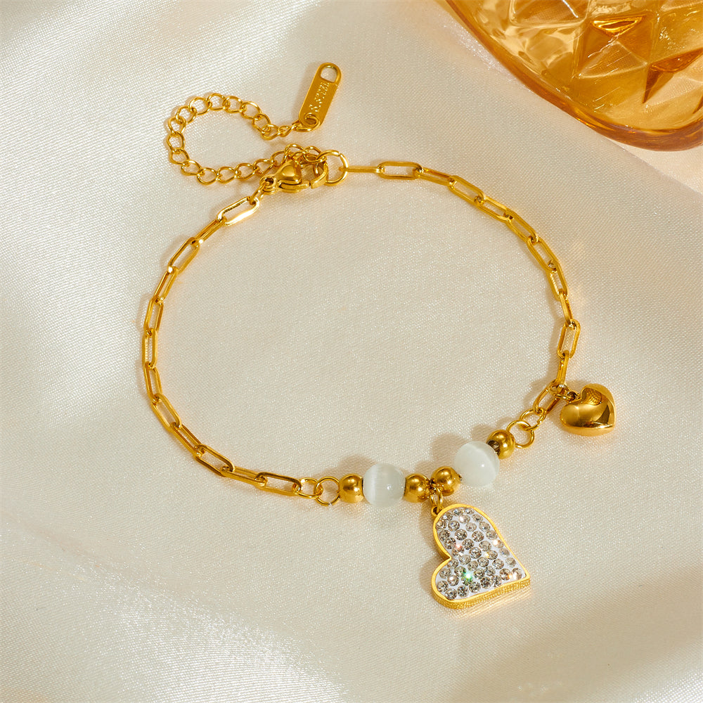 Heart Shape Titanium Steel, inlay rhinestones and opal, 18K Gold Plated Bracelets