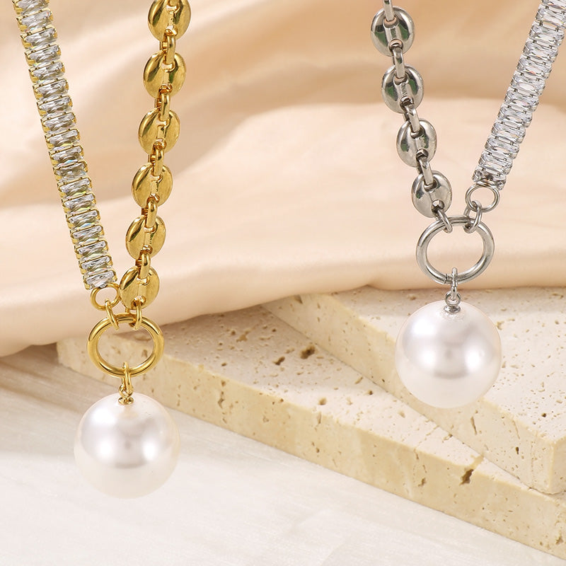 Ig Style Simple Style Round Imitation Pearl Titanium Steel Plating Inlay Zircon Gold Plated Pendant Necklace