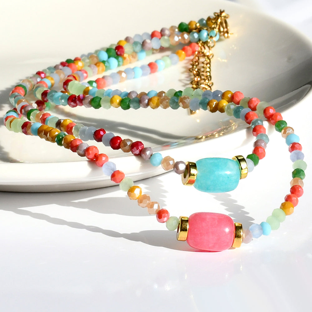 Colorful Stainless Steel Artificial Crystal Beaded Handmade Plating Gold Plated Necklace