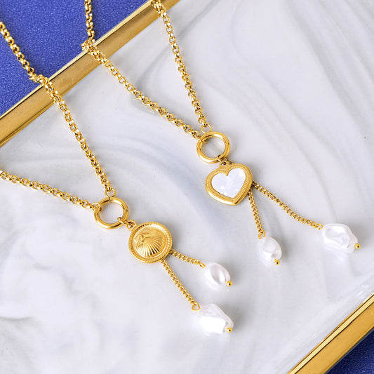 Fashion Heart Shape Shell Titanium Steel Plating Inlay Pearl Shell Necklace