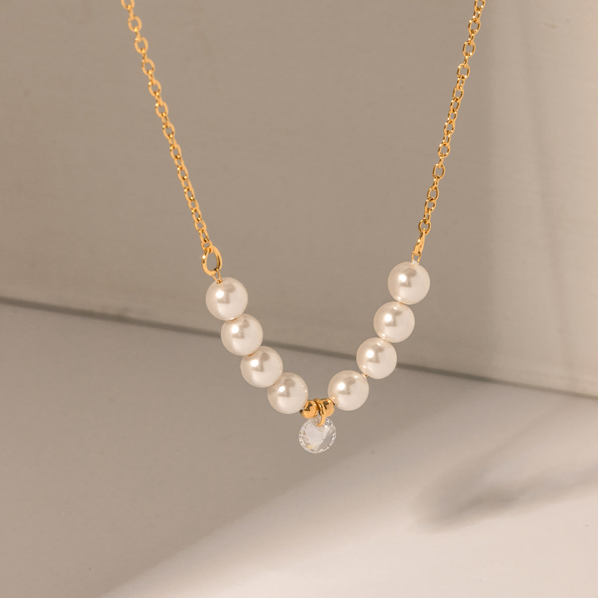 Elegant Geometric Stainless Steel Plating Inlay Artificial Pearls Zircon 18K Gold  Necklace