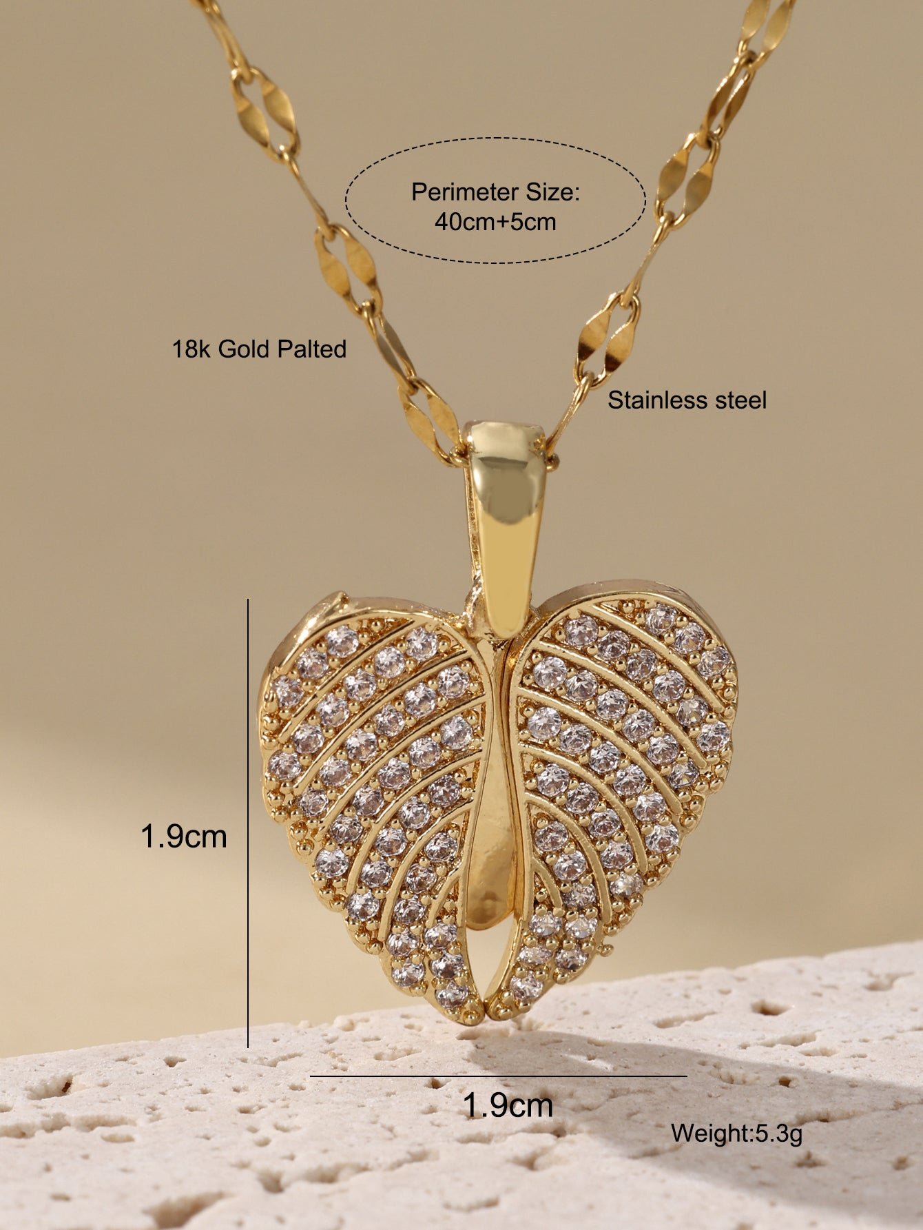 Elegant  Sweet Heart Shape Wings Stainless Steel Plating Inlay Zircon 18K Gold Plated Necklace
