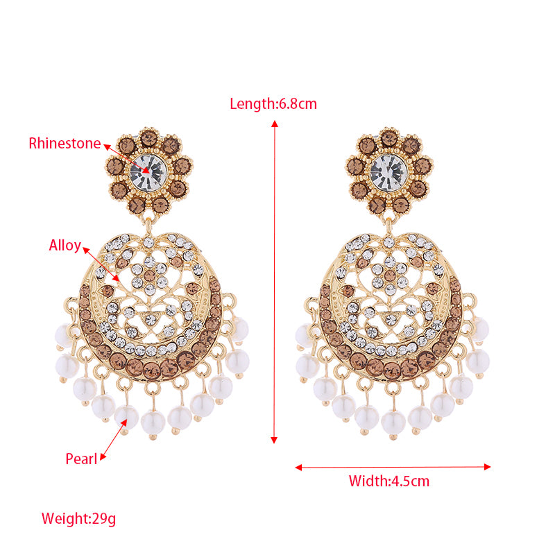 Elegant Retro Flower Tassel Pearl Inlay Alloy Rhinestones Drop Earrings