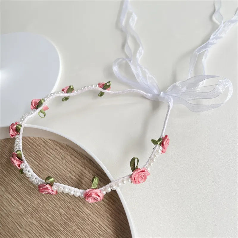 Kid's Romantic Rose Flower Cloth Pearl Hair Band, pack of 2 pieces