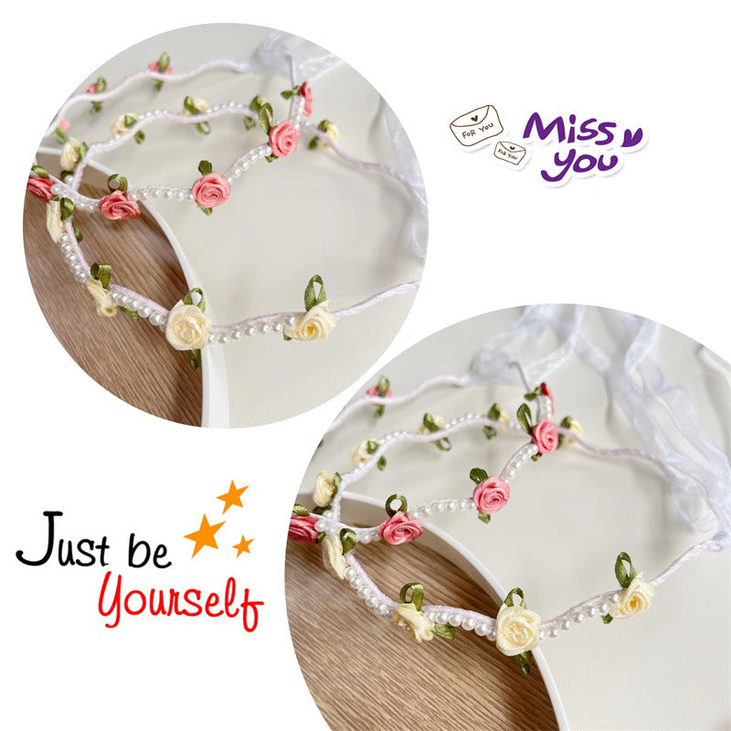 Kid's Romantic Rose Flower Cloth Pearl Hair Band, pack of 2 pieces