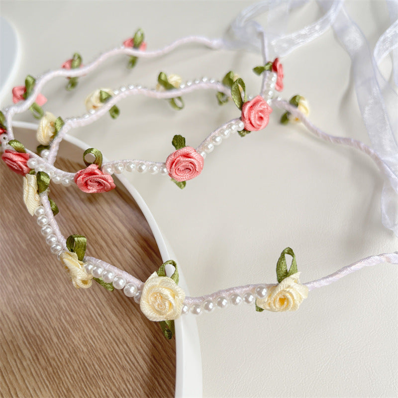 Kid's Romantic Rose Flower Cloth Pearl Hair Band, pack of 2 pieces