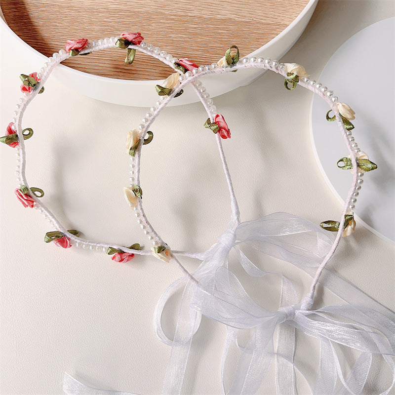 Kid's Romantic Rose Flower Cloth Pearl Hair Band, pack of 2 pieces