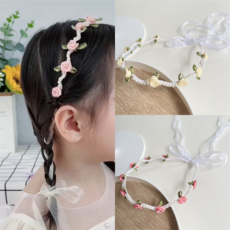 Kid's Romantic Rose Flower Cloth Pearl Hair Band, pack of 2 pieces