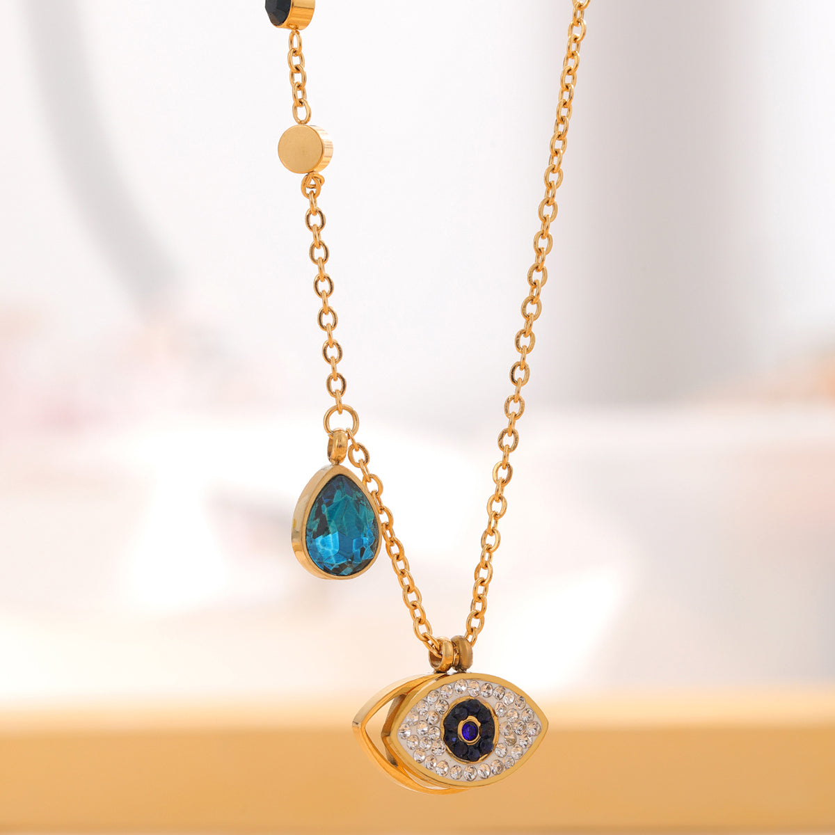 Style Devil's Eye Water Droplets Titanium Steel Plating Inlay Zircon Gold Plated  Necklace