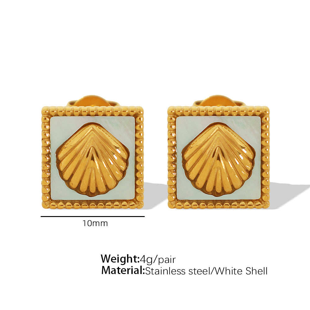 Shell Scallop Plating Inlay Titanium Steel Rhinestones 18K Gold Plated Ear Studs