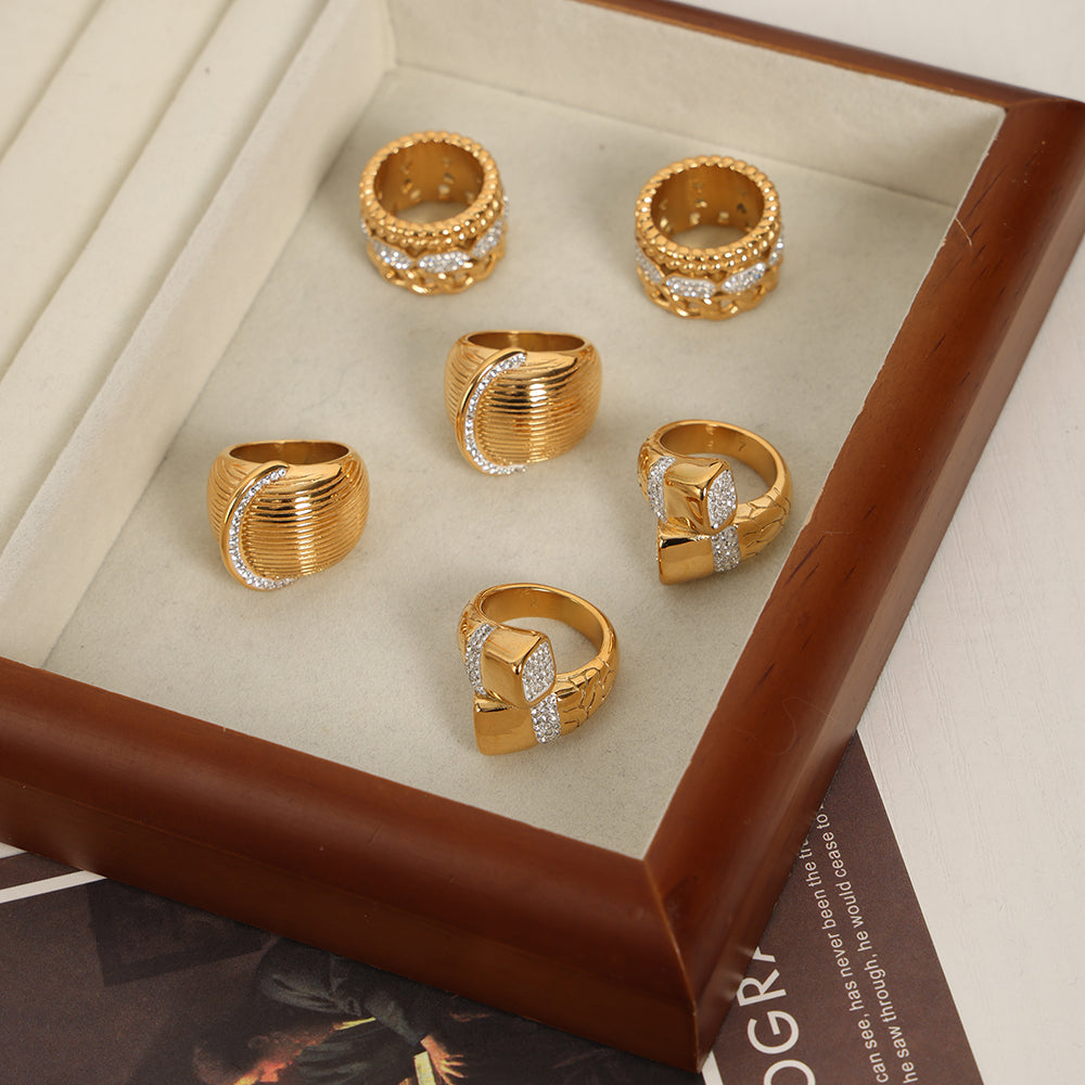Ig Style Geometric Titanium Steel Plating Inlay Rhinestones 18k Gold Plated Rings