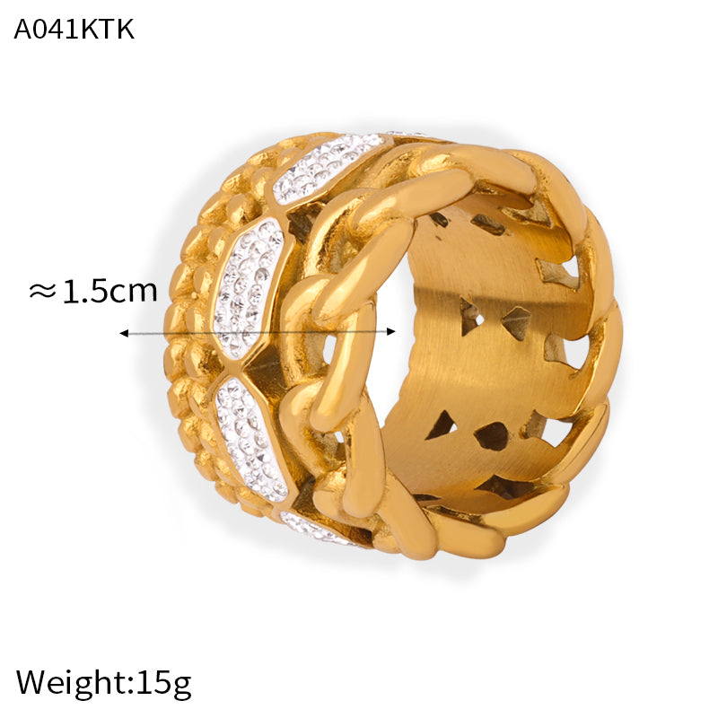 Ig Style Geometric Titanium Steel Plating Inlay Rhinestones 18k Gold Plated Rings