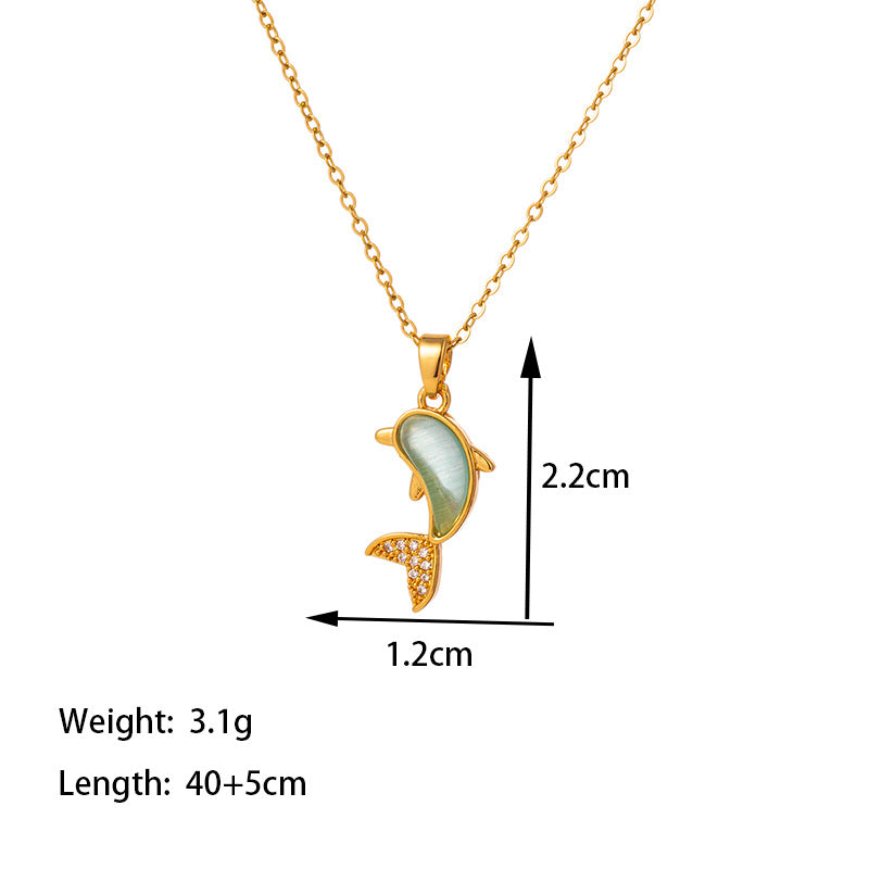 Titanium Steel 18K Gold Plated Casual Simple Style Commute Dolphin Polishing Inlay Artificial Gemstones Pendant Necklace