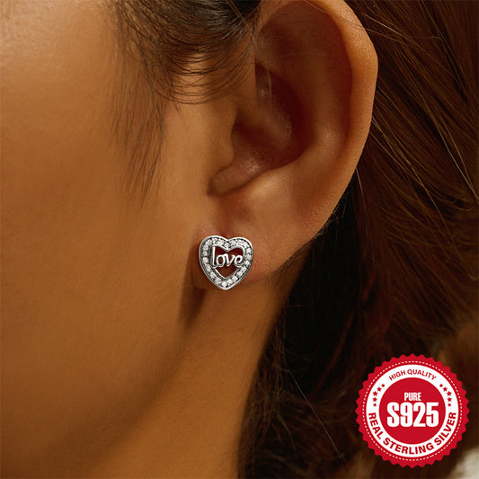 Simple Style Heart Shape Inlay Sterling Silver Zircon Ear Studs