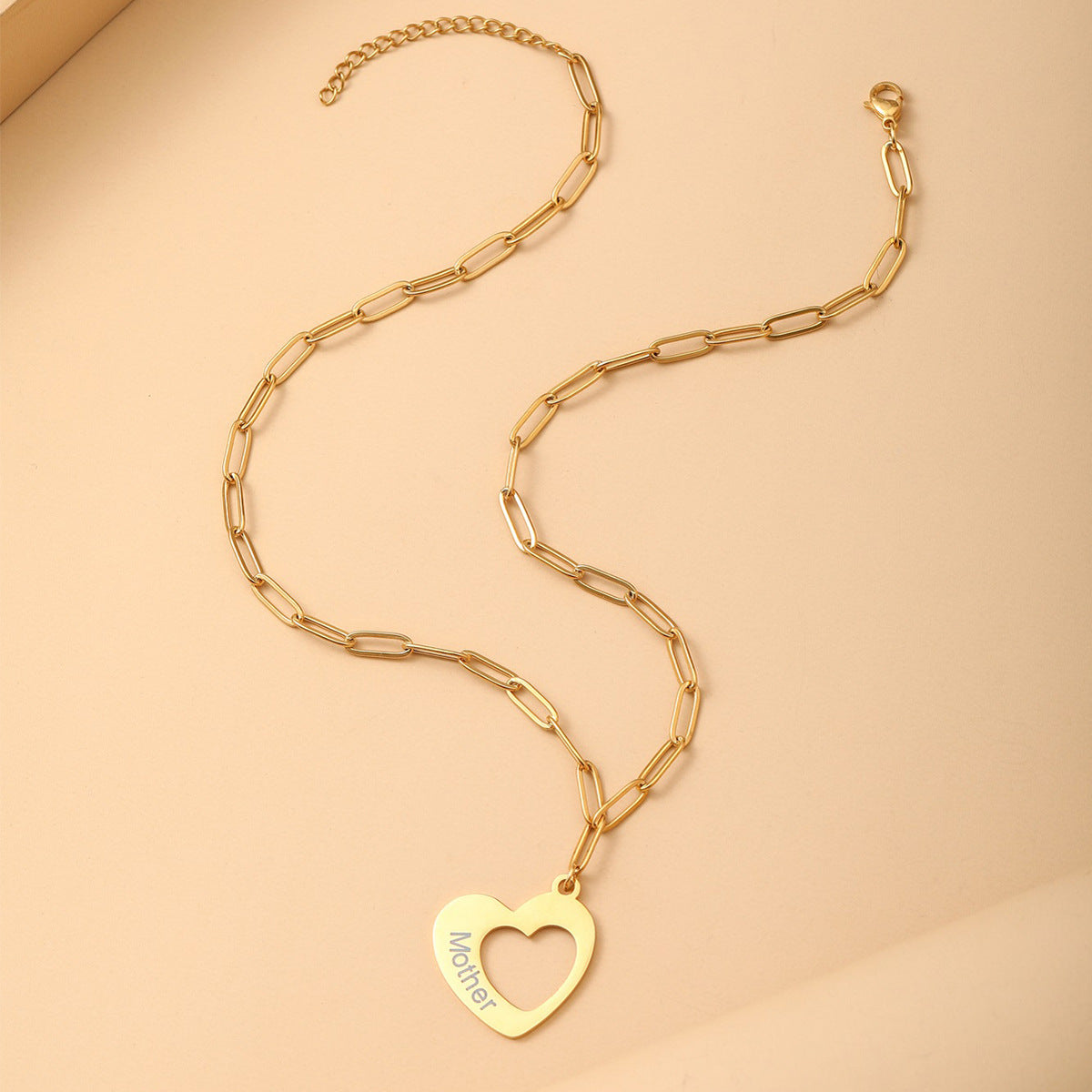 Stainless Steel 18K Gold Plated MAMA Heart Shape Hollow Out Pendant Necklace