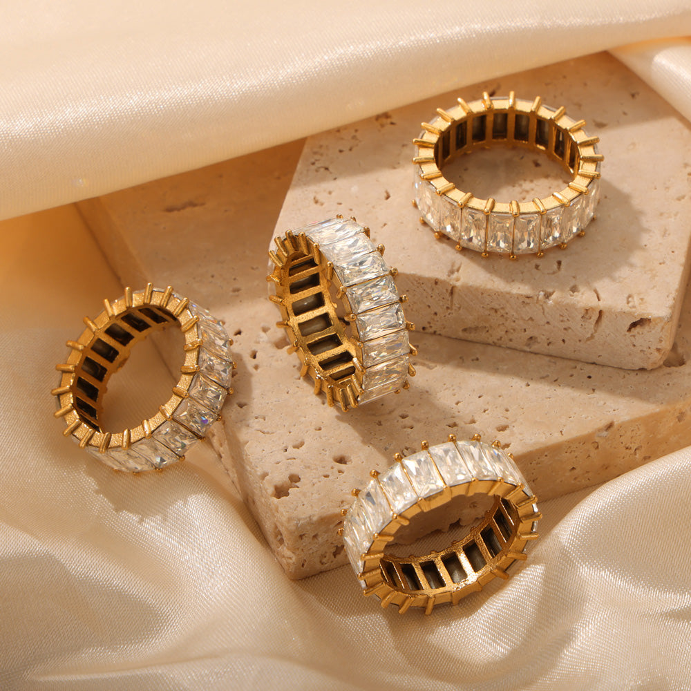 Titanium Steel 18K Gold Plated Shiny Geometric Inlay Zircon Rings