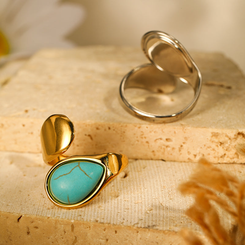 304 Stainless Steel Elegant Simple Style Inlay Water Droplets Turquoise Open Rings