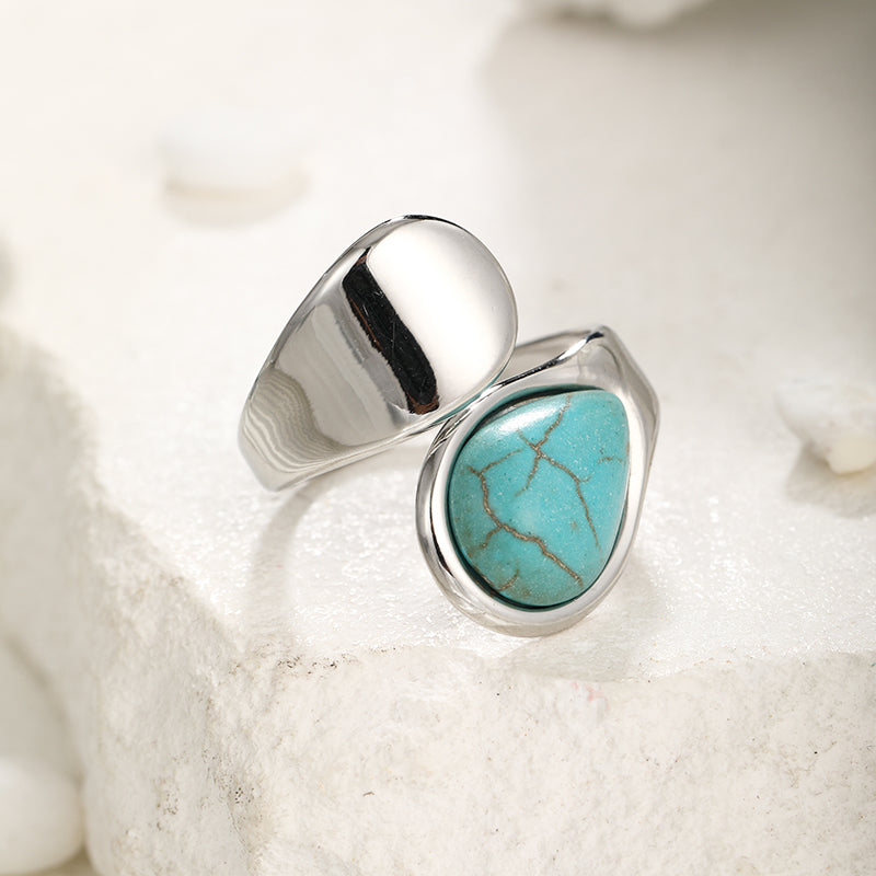 304 Stainless Steel Elegant Simple Style Inlay Water Droplets Turquoise Open Rings
