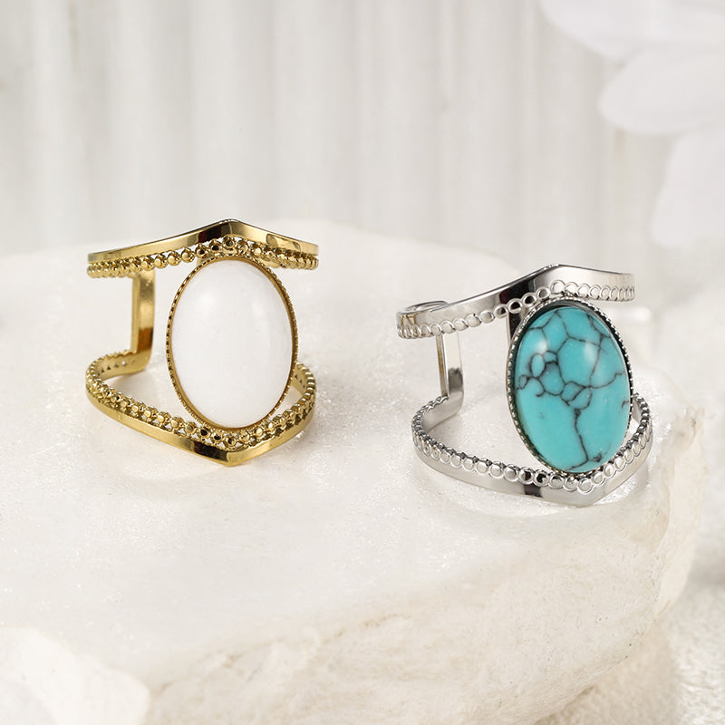 304 Stainless Steel Elegant Simple Style Inlay Geometric Oval Artificial Gemstones Turquoise Open Rings