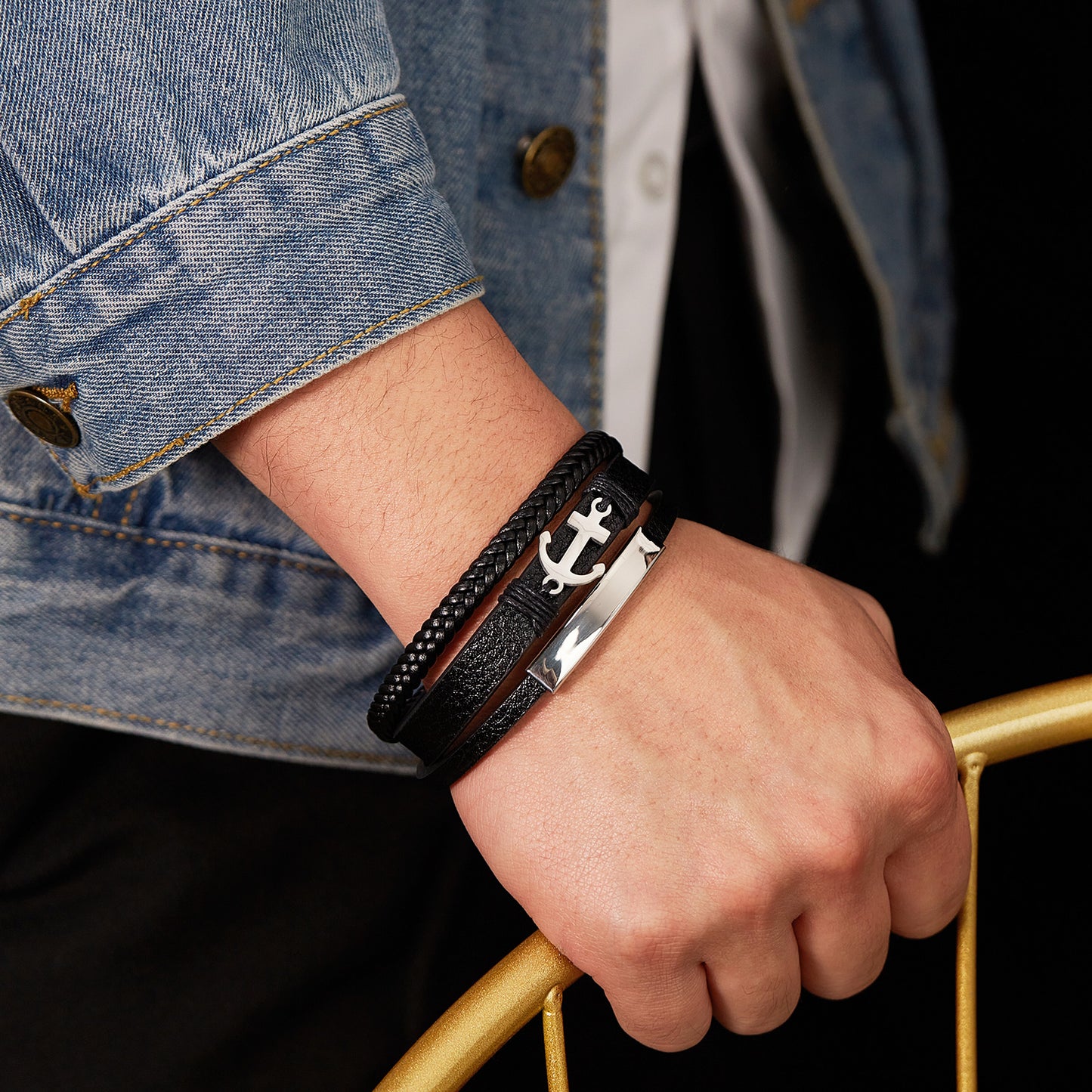 Vintage Style Anchor Pu Leather Alloy Men's Bangle