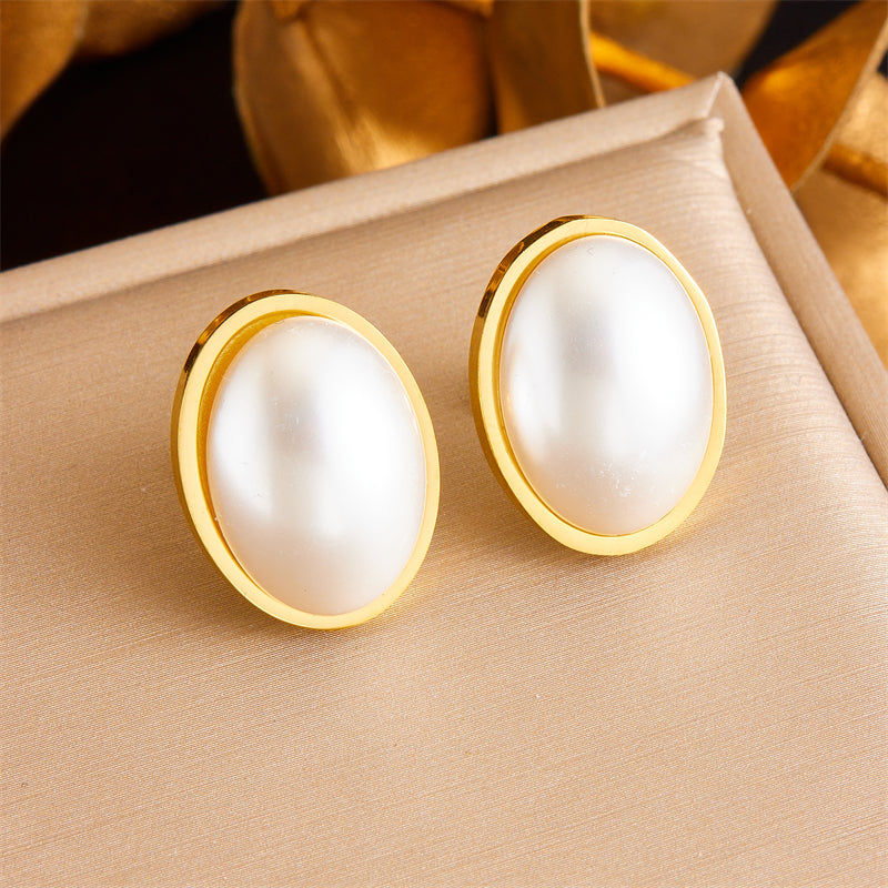 Vintage Style Oval Inlay 304 Stainless Steel Pearl 18K Gold Plated Ear Studs