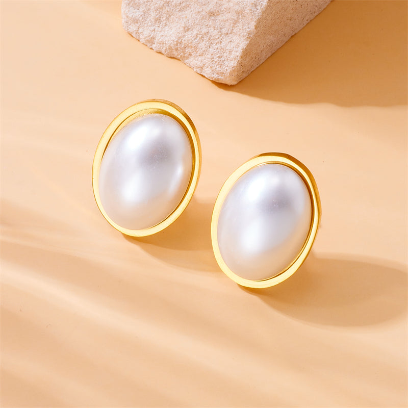 Vintage Style Oval Inlay 304 Stainless Steel Pearl 18K Gold Plated Ear Studs