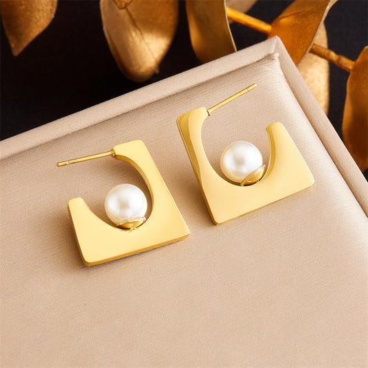 Vintage Style Classic Style Solid Color Plating Inlay 304 Stainless Steel Pearl 18K Gold Plated Ear Studs