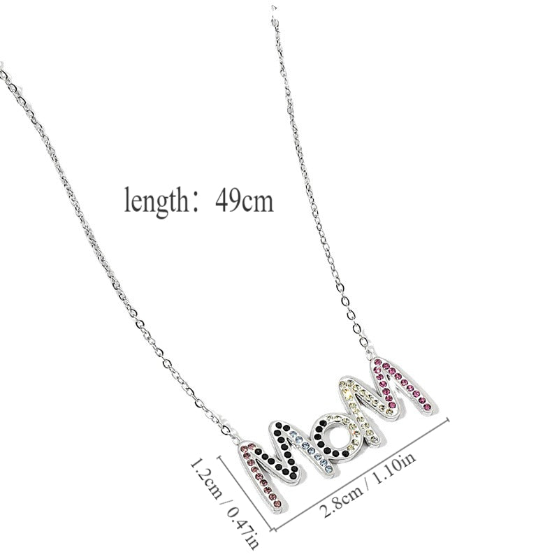 304 Stainless Steel MAMA Shiny Inlay Letter Rhinestones Pendant Necklace