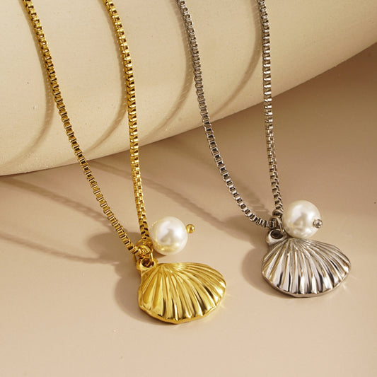 304 Stainless Steel Pearl Shell Pendant Necklace