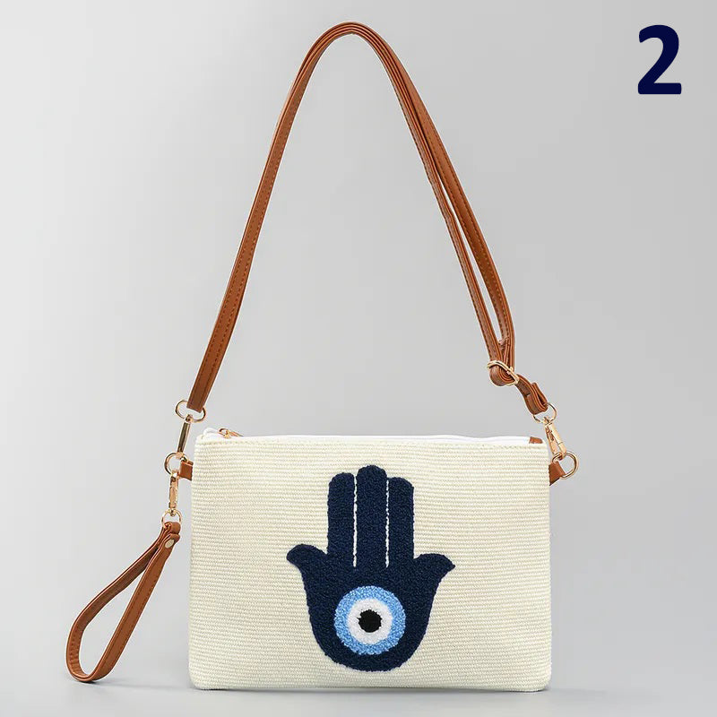 Women's Small Canvas Devil's Eye Hand Of Fatima Basic Vacation Zipper Shoulder Bag