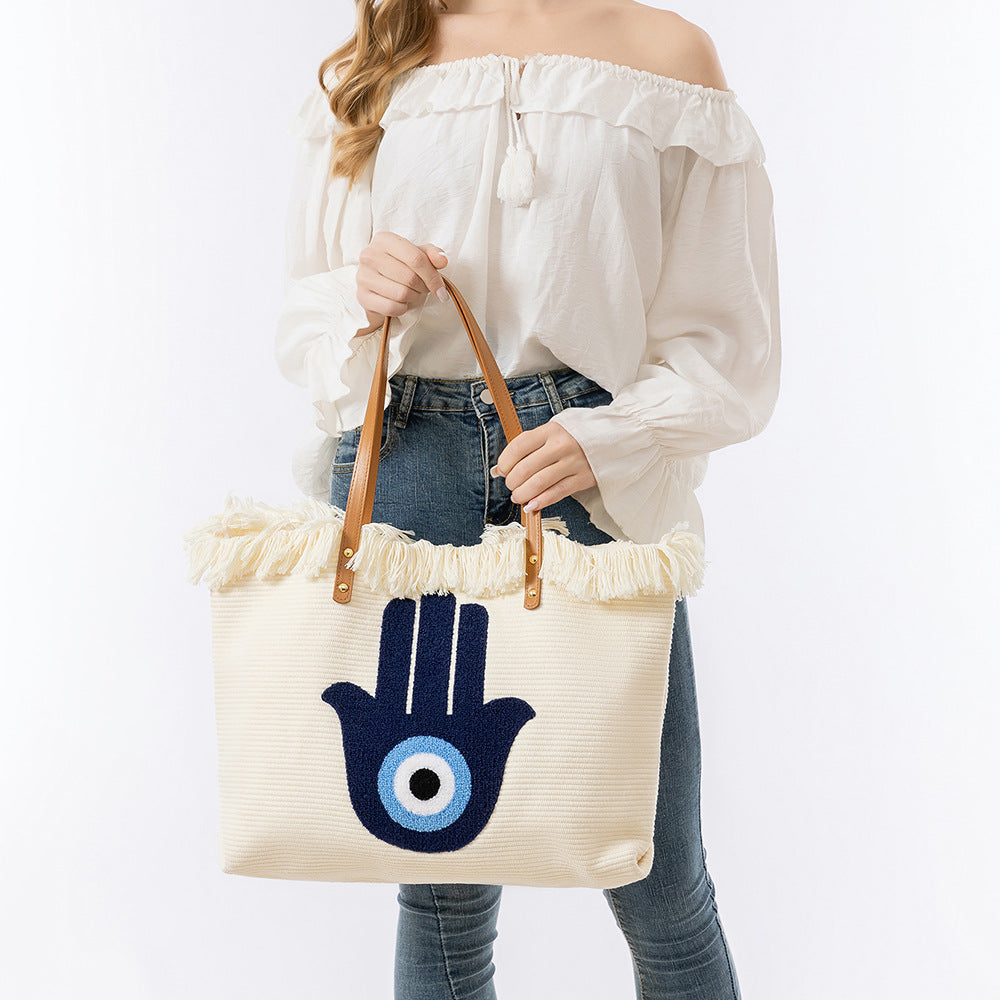 Γυναικεία τσάντα με μαγνητική πόρπη σε κλασικό στιλ, από καμβά, σε διάφορα μοτίφ μάτι, Hamsa χέρι, φύλλο