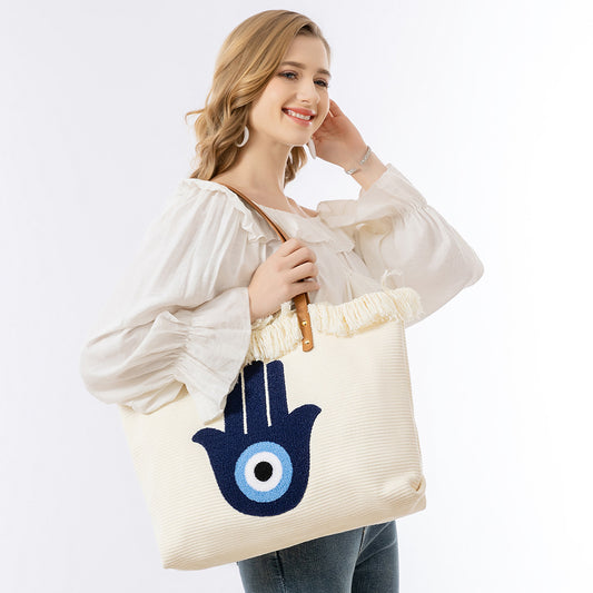 Γυναικεία τσάντα με μαγνητική πόρπη σε κλασικό στιλ, από καμβά, σε διάφορα μοτίφ μάτι, Hamsa χέρι, φύλλο