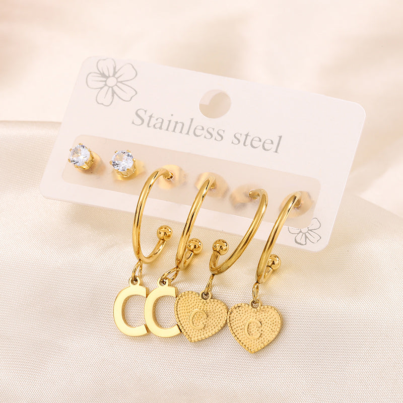 Simple Style Shiny Letter Heart Shape Plating Inlay 304 Stainless Steel Zircon 18K Gold Plated Drop Earrings, set of 3 pairs