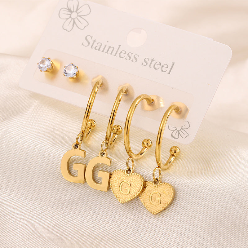 Simple Style Shiny Letter Heart Shape Plating Inlay 304 Stainless Steel Zircon 18K Gold Plated Drop Earrings, set of 3 pairs