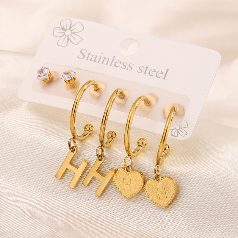 Simple Style Shiny Letter Heart Shape Plating Inlay 304 Stainless Steel Zircon 18K Gold Plated Drop Earrings, set of 3 pairs